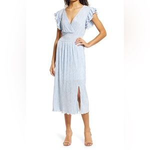Chelsea28 Flutter Sleeve Plissé Midi Dress Blue Falls Camouflage Size Small